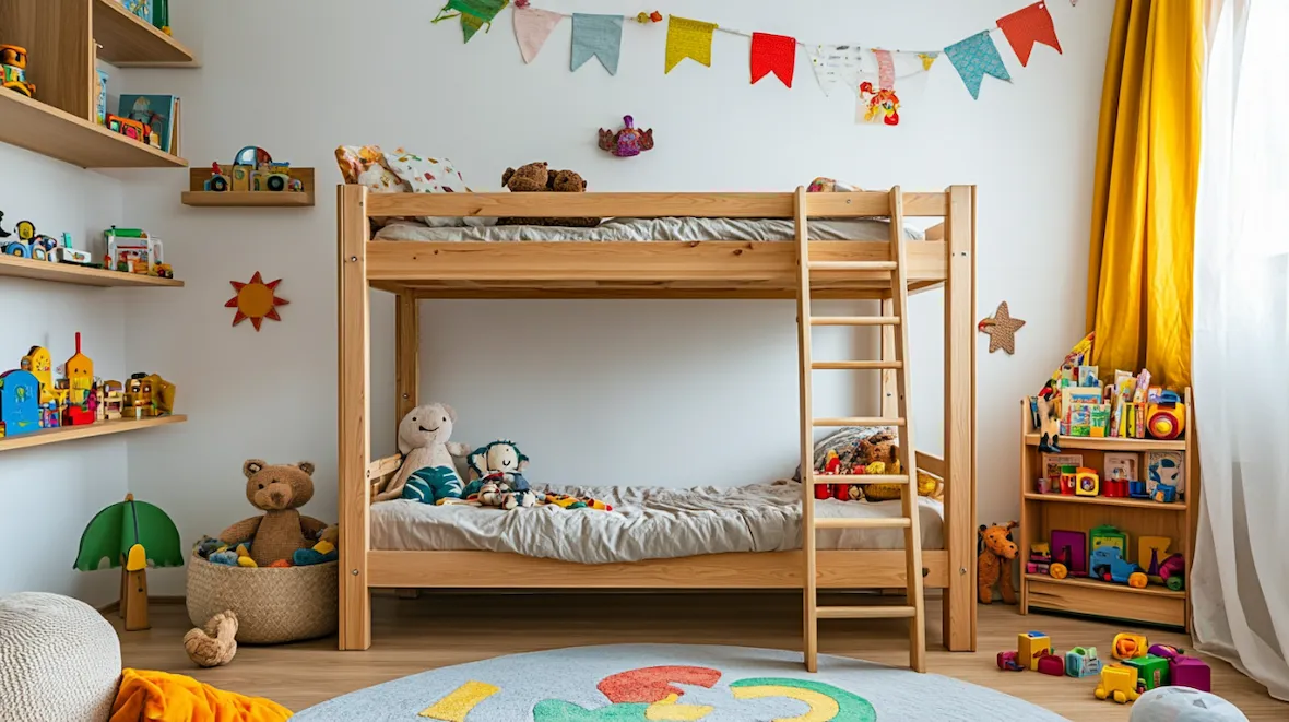 DIY twin over full bunk bed in a bright kids’ room with wooden frame, ladder, stuffed animals, colorful shelves, and playful decorations.