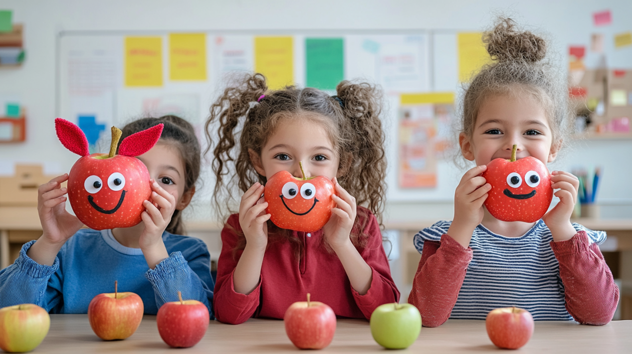 Preschoolers proudly holding completed apple crafts with googly eyes and decorations, smiling at a classroom table, crafts with apples for preschoolers.