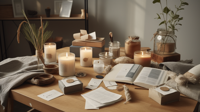 Handmade candles, natural packaging, and printable care instruction cards on a wooden desk with eco-friendly materials and soft lighting in a cozy workspace.

