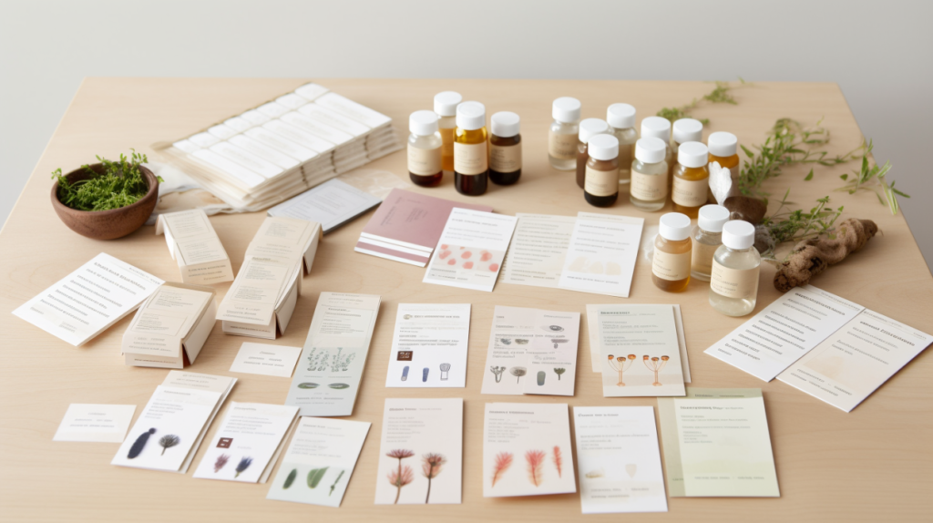 Flat lay of various printable care instruction cards with skincare bottles, botanical illustrations, and natural ingredients on a wooden surface.