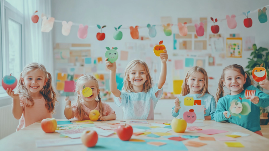 Children smiling and displaying a variety of apple crafts at a classroom table, 10 engaging crafts with apples for preschoolers.