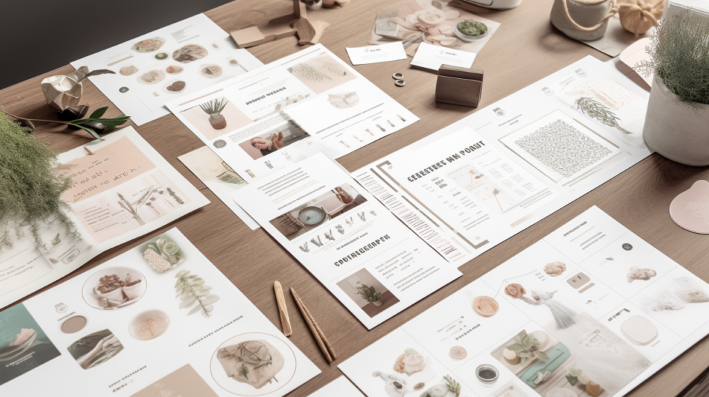 Multiple printable care instruction cards free arranged on a wooden desk, showing icons, care tips, and product mockups for download and printing.

