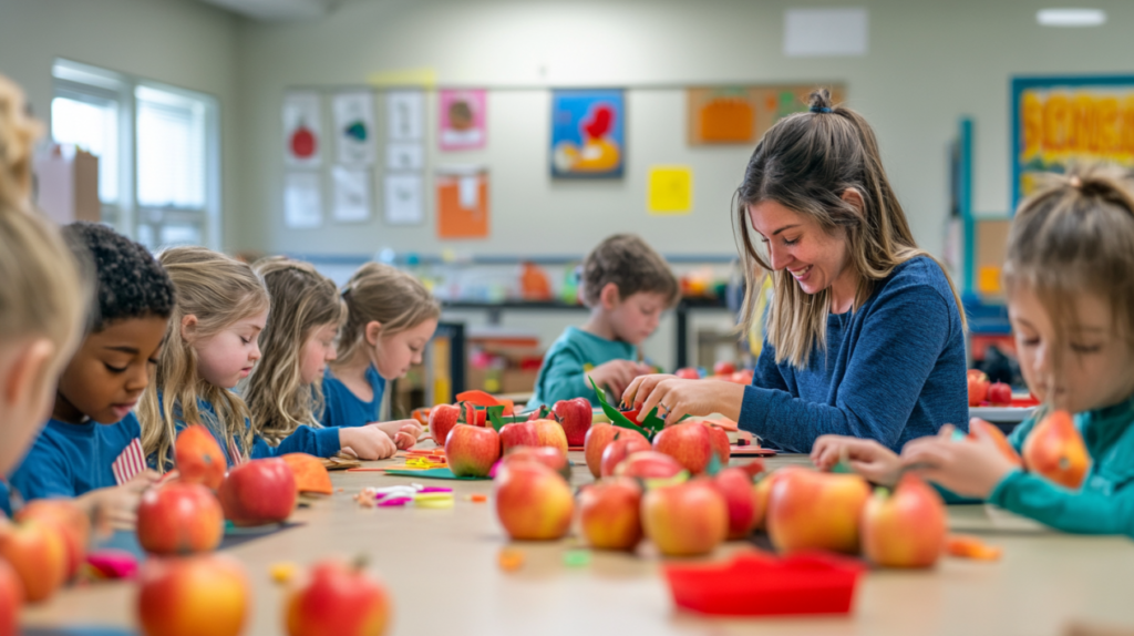 Smiling teacher assisting preschool children with apple crafts at a classroom table, tips for successful apple crafts in the classroom.