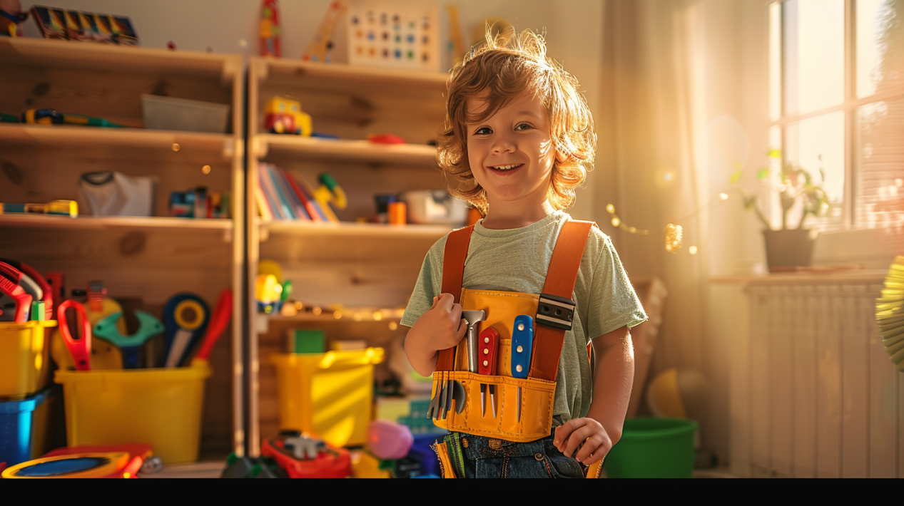 Child wearing a colorful toy tool belt for kids, smiling confidently in a bright indoor playroom with plastic tools and natural sunlight