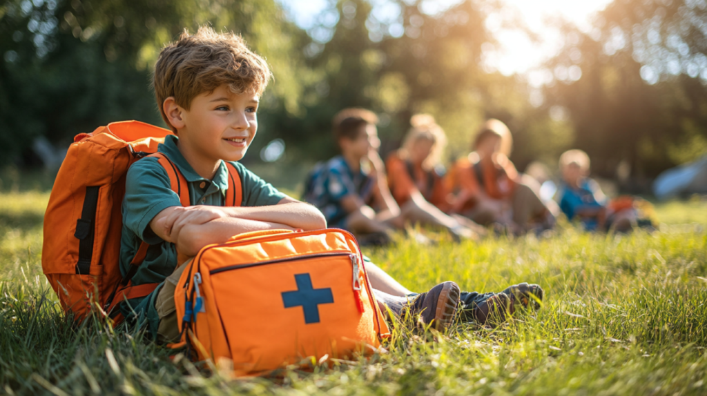 “Cub Scout smiling with first aid kit outdoors, learning emergency preparedness skills for the Cub Scout Emergency Preparedness Award.”