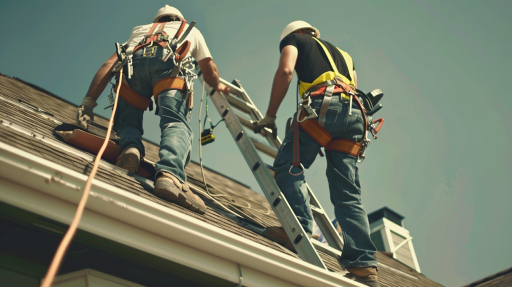 Two workers wearing a safety harness with tool belt while climbing a ladder and working on a pitched roof, demonstrating safe use in construction.