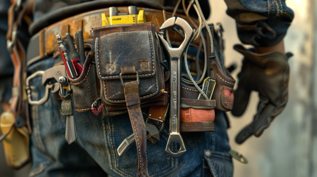 Close-up of a safety harness with tool belt, displaying durable stitching, reinforced pouches, metal tools, and professional construction-grade features.