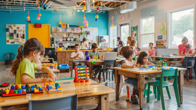 Children actively using STEM tools for kids, including math games, coding blocks, and science kits, in a colorful classroom with natural light.