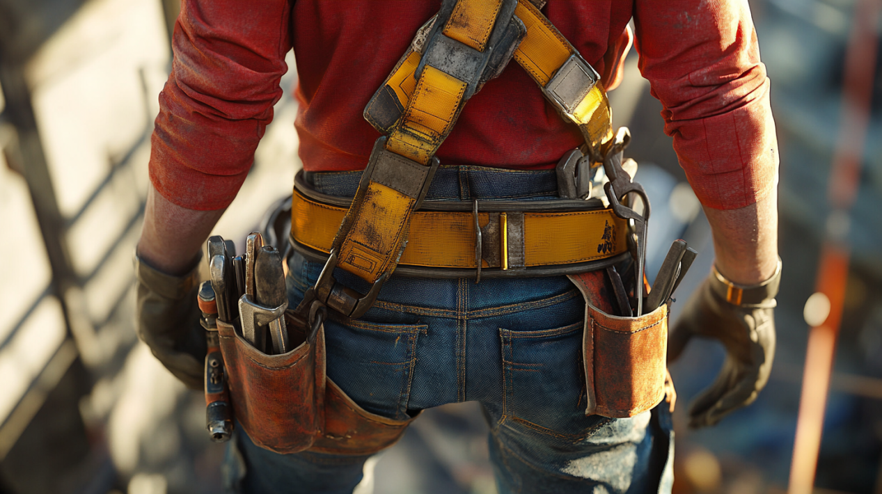 “Safety harness with tool belt worn by a professional construction worker, showing tools like pliers and a wrench in a realistic worksite.”