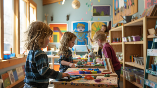 Creative educational tools for kids being used in a hands-on learning space, including clay, painting trays, and building pieces for imaginative play.