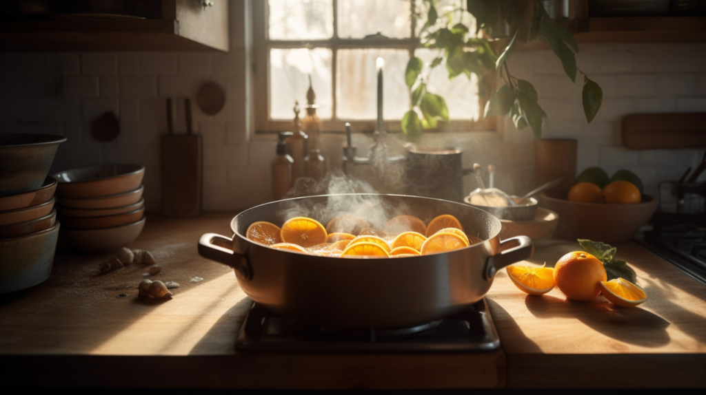 A steaming simmer pot on a stovetop filled with sliced oranges and spices, bathed in soft morning light in a cozy, rustic kitchen setting.