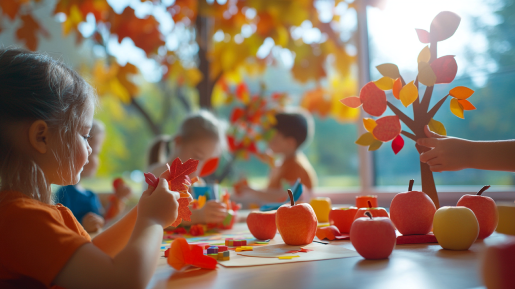 Children creating apple tree crafts for preschoolers with colorful paper leaves and apples in a sunlit classroom, highlighting creativity and fall learning.
