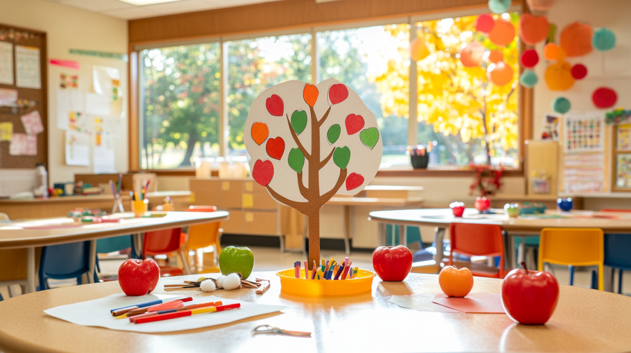 Essential materials for apple tree crafts for preschoolers arranged on a classroom table, including paper, apples, glue, markers, and craft supplies.
