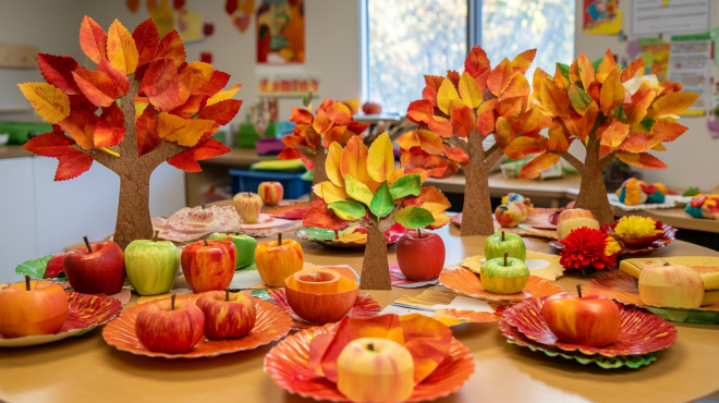 10 easy apple tree crafts for preschoolers arranged on tables with paper apples and fall leaves, highlighting creative autumn projects for young children.