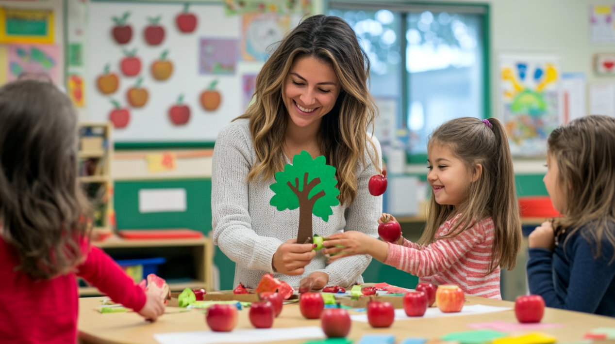 Teacher guiding preschool children in apple tree crafts for preschoolers, with art supplies and apple decorations in a cheerful classroom.