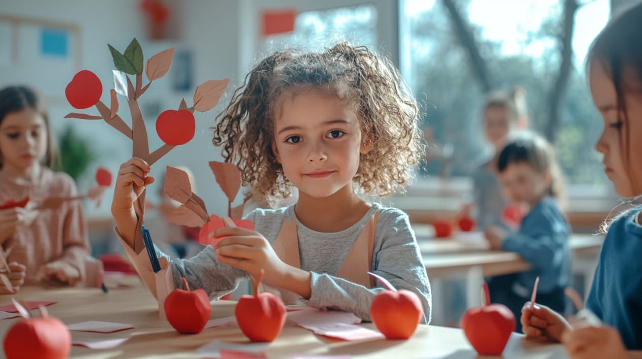 Preschooler making apple tree crafts for preschoolers with paper apples at a classroom table, with classmates in the background and a joyful atmosphere.