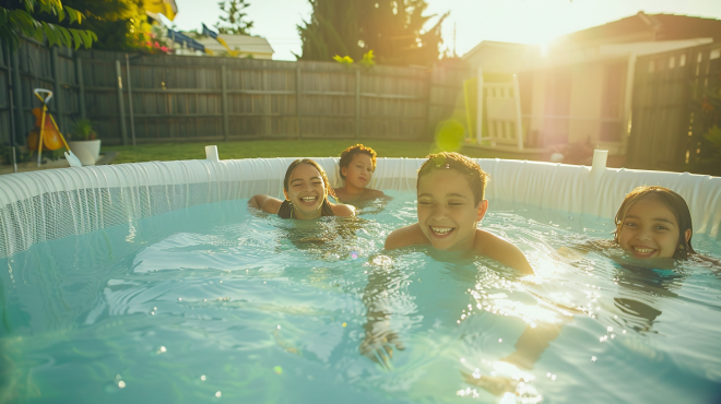 Family enjoying a backyard pool with a cheap DIY pool enclosure made from white PVC pipes and mesh, sunny day, tools on grass.