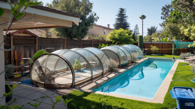 Cheap DIY pool enclosure with arched polycarbonate panels over a backyard swimming pool, surrounded by green lawn and garden tools.