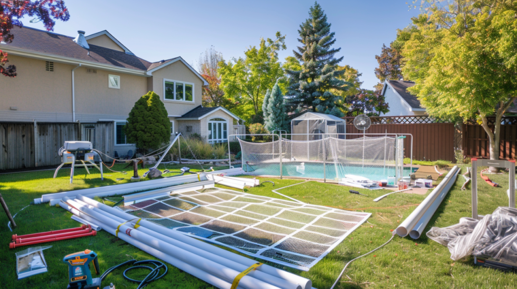 Step-by-step cheap DIY pool enclosure project with PVC pipes, mesh panels, and tools on grass near a backyard pool.