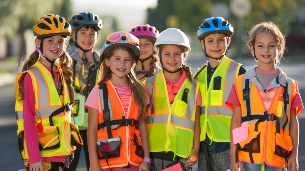 A group of children wearing colorful kids safety vests and helmets, smiling outdoors in a neighborhood street for visibility and protection