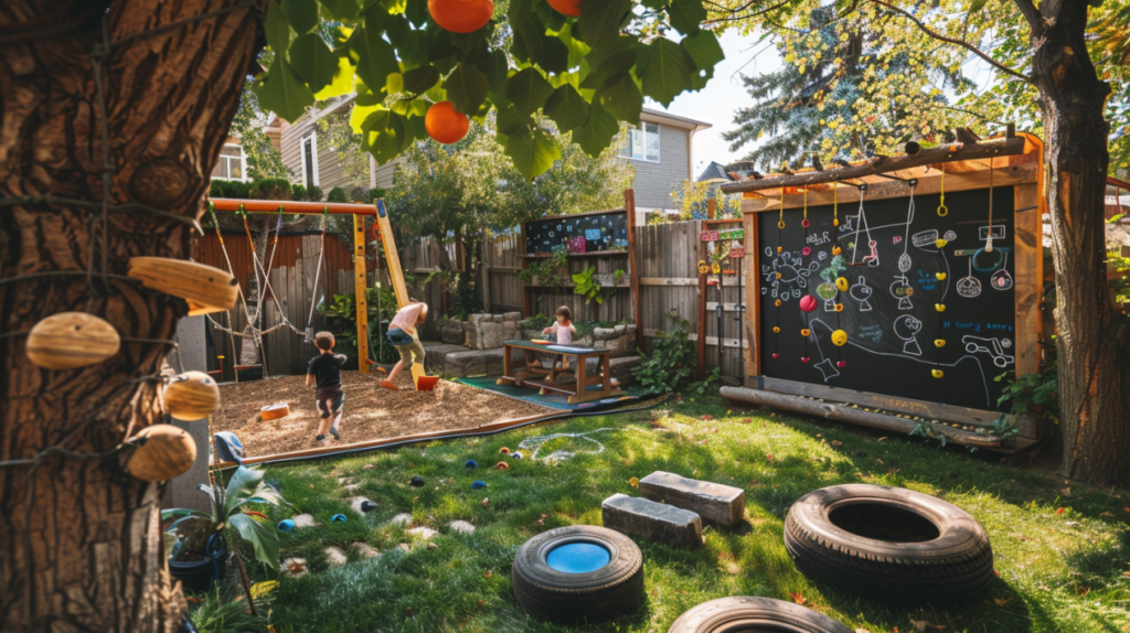 Backyard playground ideas DIY featuring chalkboard wall, climbing grips, tire play, and compact swing set in a small, sunny yard.