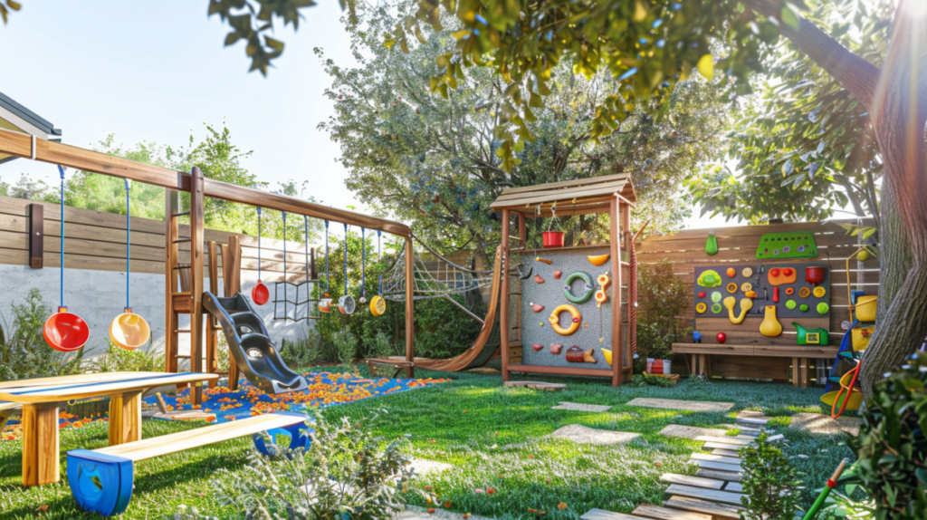 DIY play equipment including swings, climbing wall, rope net, and creative activity board — playground ideas DIY for skill-building and imaginative play.