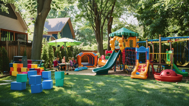 Creative playground ideas DIY showing toddler foam blocks, preschooler activity table, and climbing structures for older kids in a backyard.