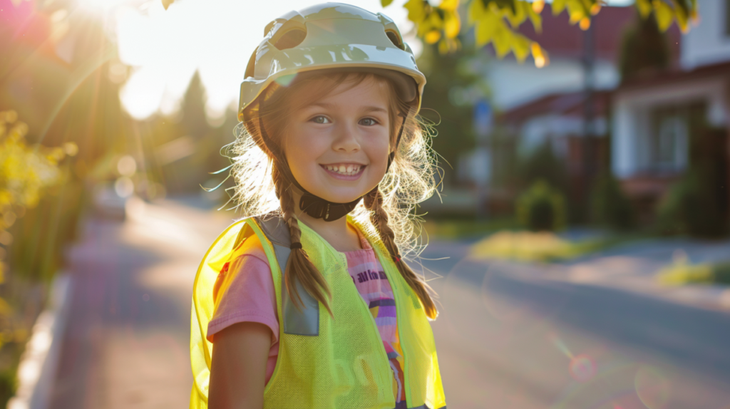 Young girl wearing a bright yellow kids safety vest and helmet, standing on a sunny suburban street