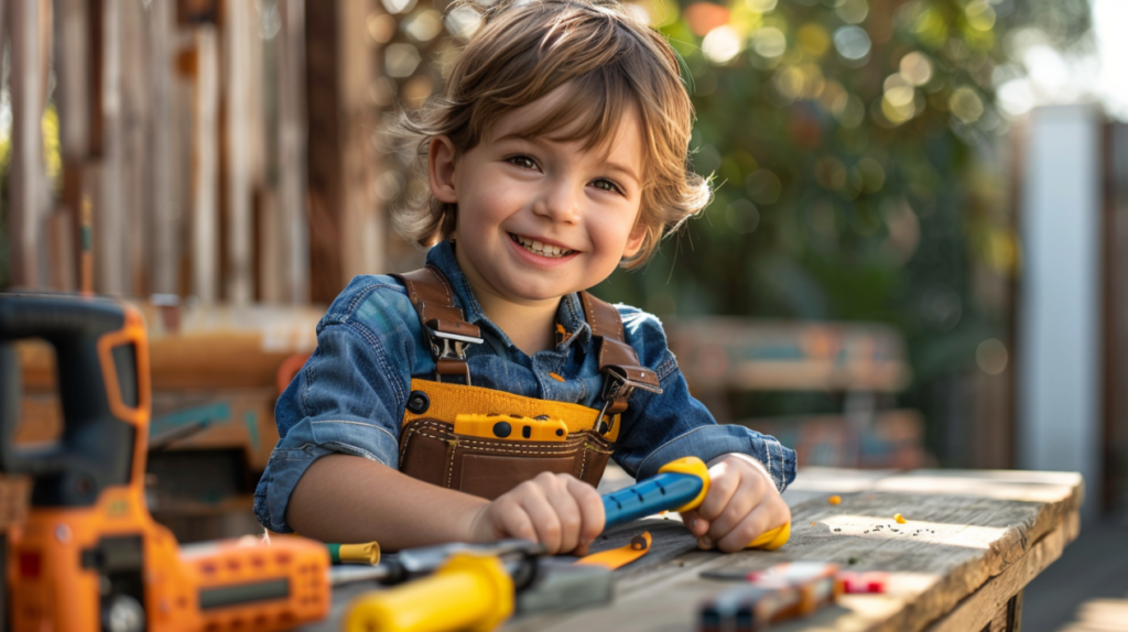 Realistic child smiling while wearing a tool belt for kids and using a toy screwdriver at a wooden bench outdoors in daylight