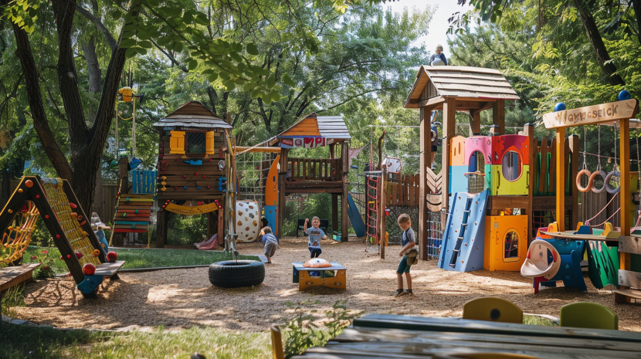 Kids enjoying a vibrant DIY playground featuring climbing walls, tire swings, and recycled play structures — playground ideas DIY.