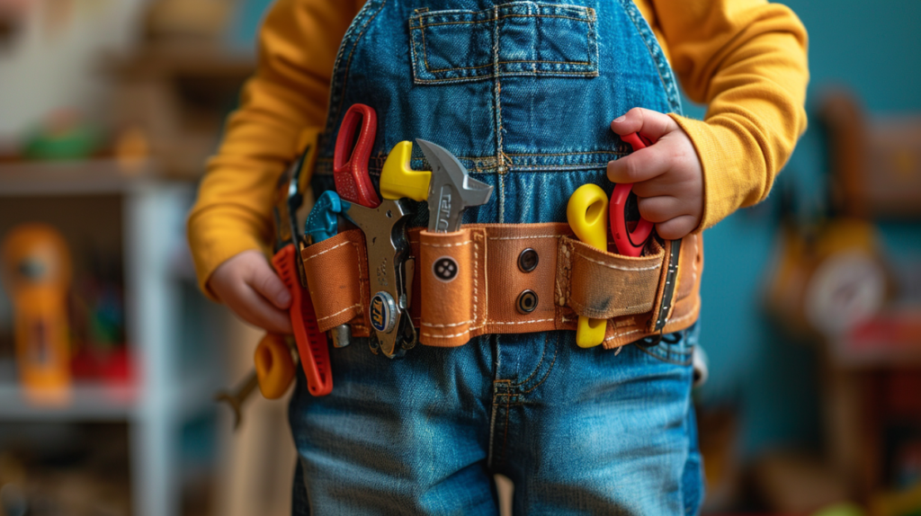 Child wearing a durable toy tool belt for kids with colorful plastic tools, including pliers and screwdrivers, over denim overalls