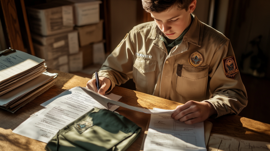 A Boy Scout in uniform reviewing emergency preparedness merit badge packet contents including worksheets, checklists, and a supply kit on a desk
