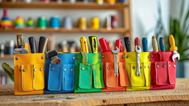 A row of seven colorful toy tool belts for kids arranged on a wooden table, each holding plastic tools like wrenches, screwdrivers, and pliers