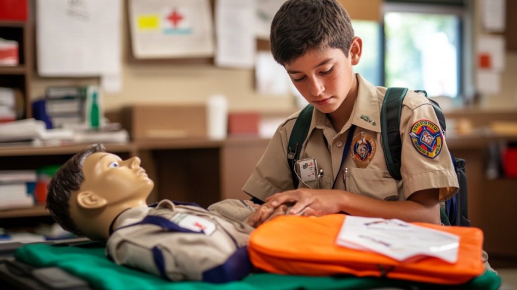 A Boy Scout performing first aid on a dummy while reviewing emergency preparedness merit badge packet worksheets in a realistic learning environment