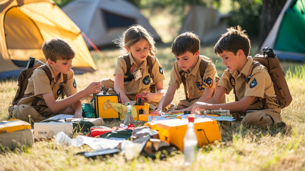Scouts practicing emergency drills using maps, kits, and survival tools during outdoor group activity