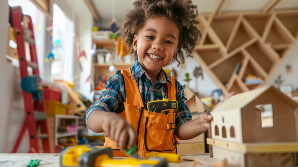 Girl in a playroom wearing a toy tool belt, building a wooden house model with plastic tools, smiling and actively engaged in creative play and learning