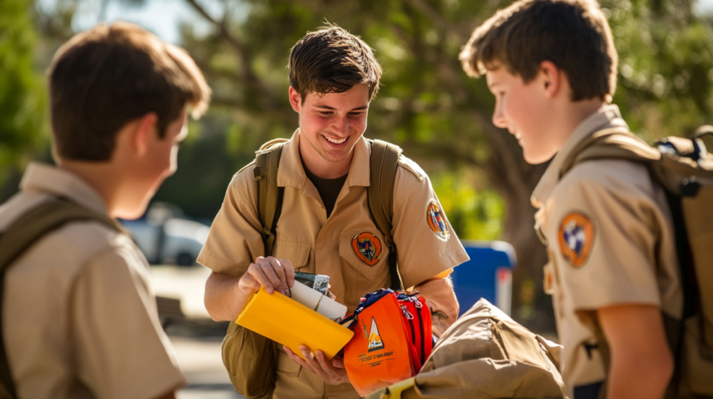 Boy Scouts outdoors preparing emergency gear and discussing safety plans as part of real-life emergency preparedness merit badge activities