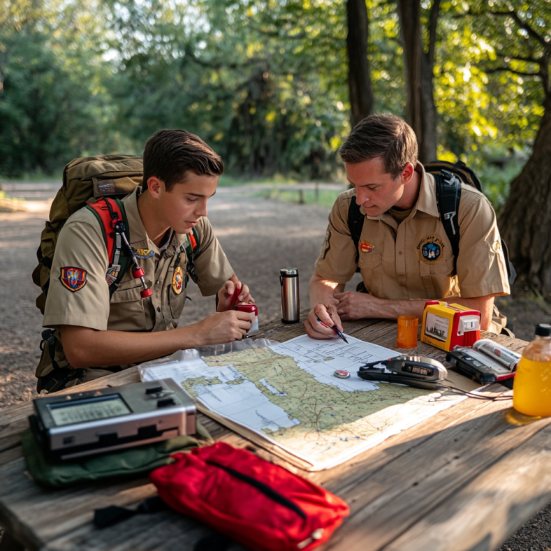 Scout and leader reviewing an emergency preparedness checklist with first aid kit and flashlight on a table