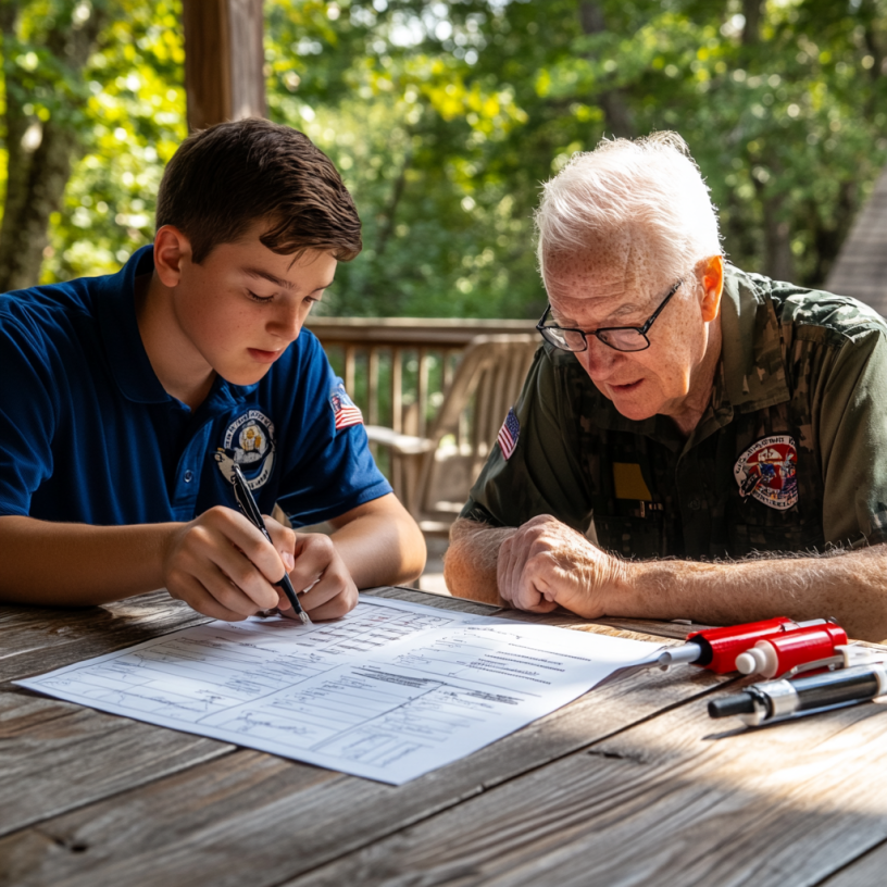 Scout getting help from leader while reviewing emergency preparedness badge answers with worksheets and gear