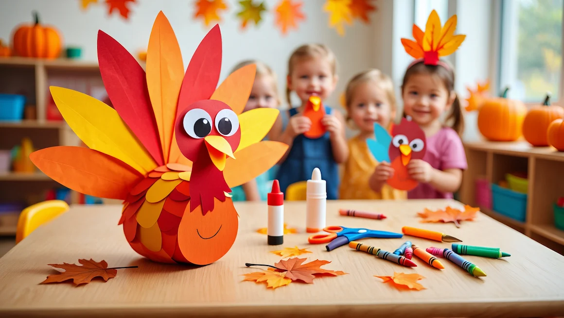 Preschoolers making Thanksgiving turkey crafts with colorful printable templates and art supplies.