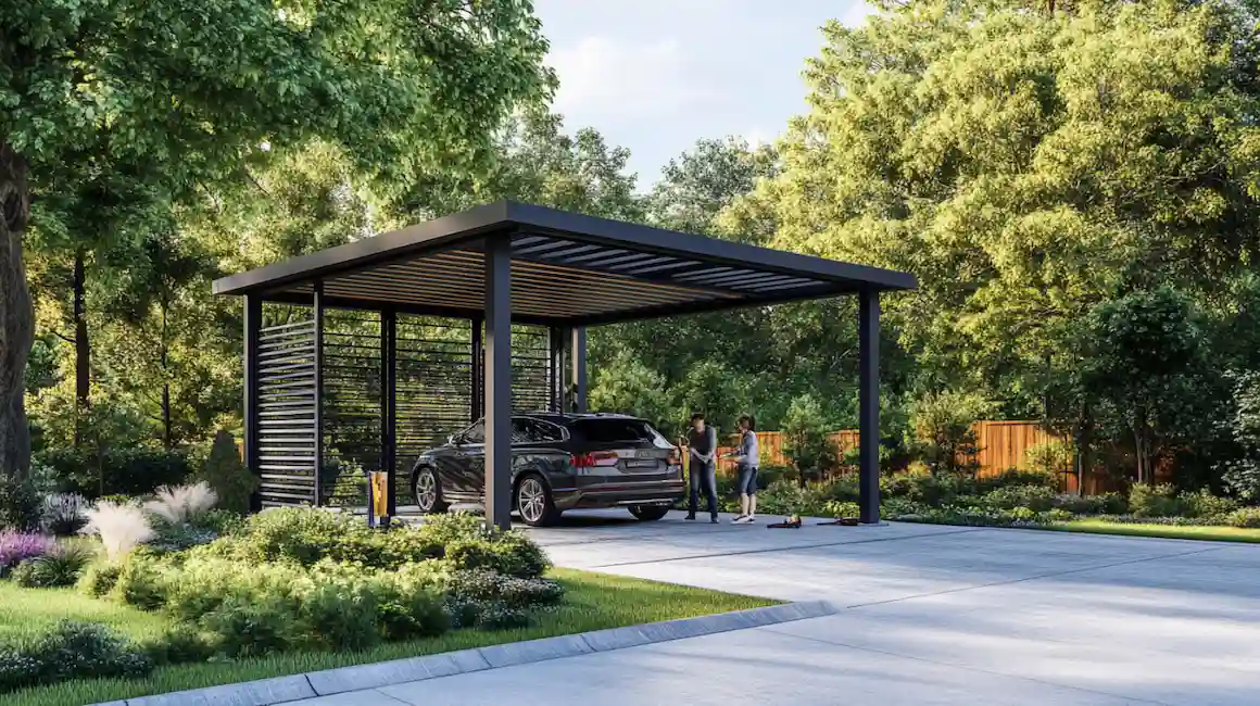 Modern DIY carport kit installed in a suburban driveway with realistic people assembling the structure