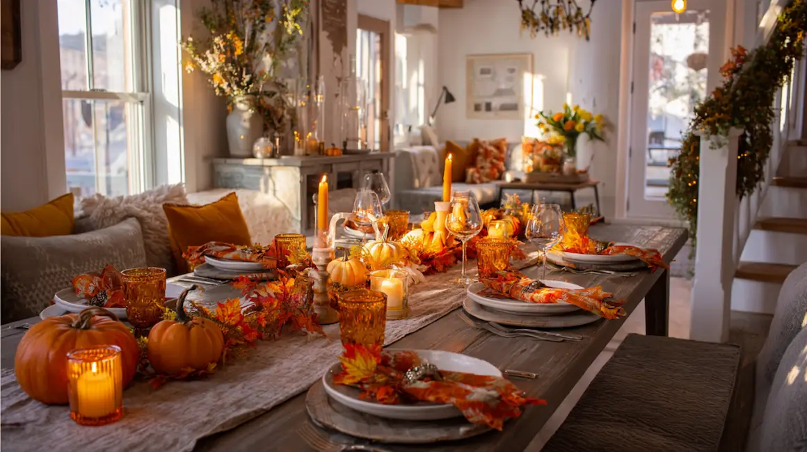 A festive autumn table decorated with pumpkins, candles, and leaves, showcasing thanksgiving diy projects for beautiful holiday home decor.