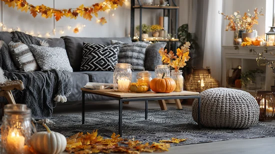 Cozy living room decorated with trendy and budget-friendly Thanksgiving DIY projects, including mason jar candles, painted pumpkins, and autumn garlands on the wall.