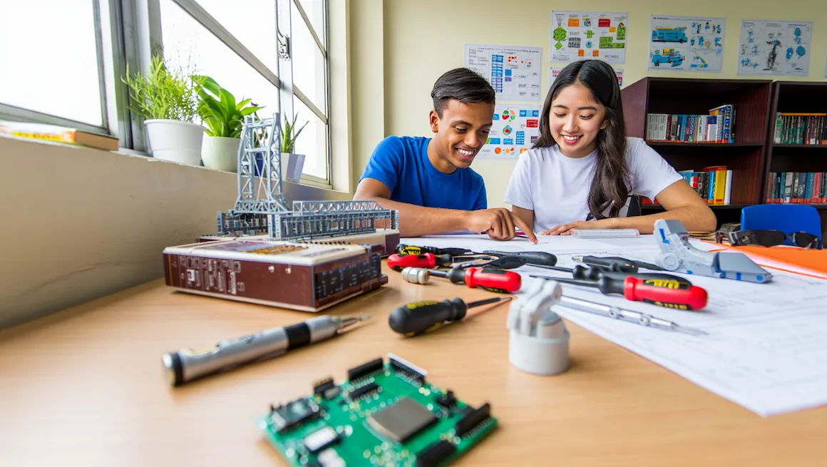 Two college students working together on usa simple diy projects for saphmore mechanical engineers at a bright workspace with tools, blueprints, and model bridges.