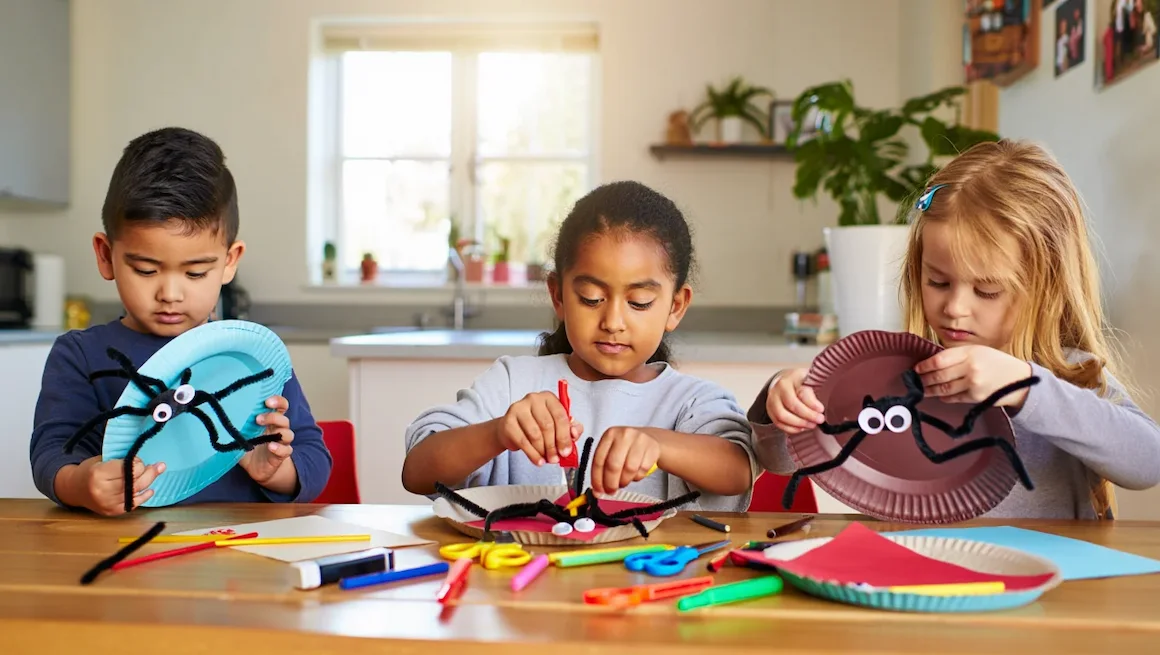 Children making spider craft preschool projects with paper plates and pipe cleaners at a table