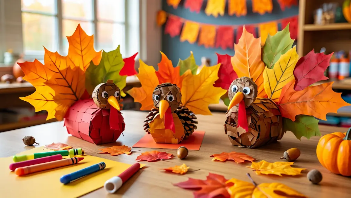 Turkey crafts preschool table with handmade turkeys, colorful autumn leaves, pinecones, craft supplies, and festive Thanksgiving decorations