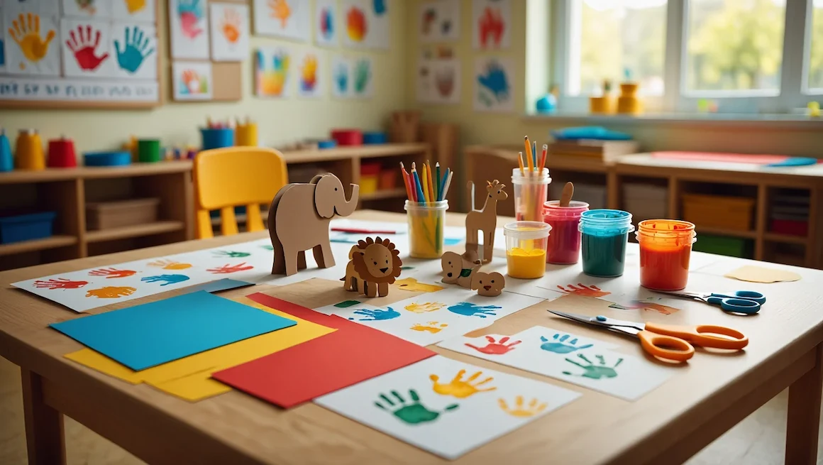 Preschool table with colorful paints, scissors, and cardboard animals, set up for engaging e crafts for preschoolers.