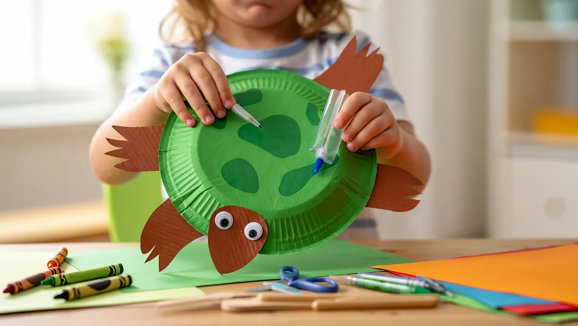 Turtle craft preschool activity with a green paper plate turtle, brown paper legs, crayons, and a child’s hands in a bright classroom.