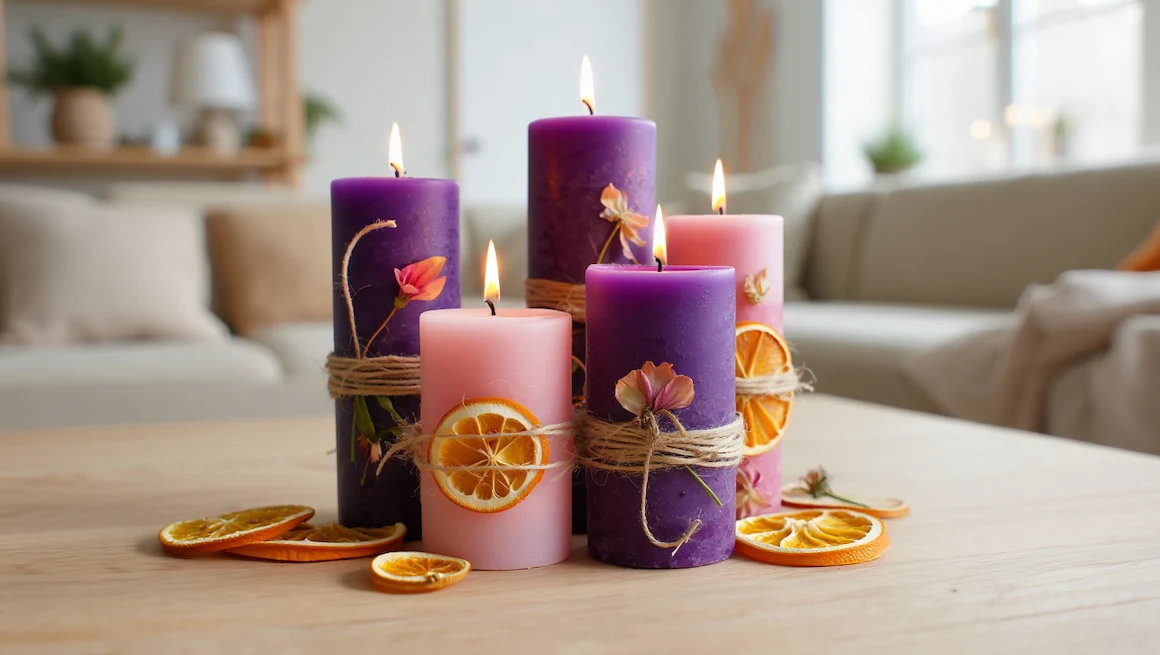 Advent candle DIY—handmade purple and pink candles decorated with twine, dried orange slices, and flowers on a modern table
