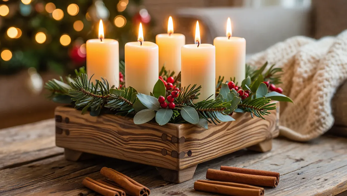 Rustic advent candle holder diy featuring five candles, evergreen branches, and berries in a wooden box, cozy holiday setting.